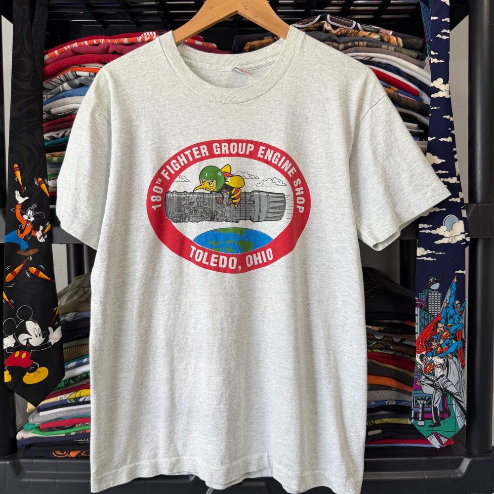 90s Grey 180th Fighter Group Engine Shop Toledo Ohio Graphic T-Shirt Large